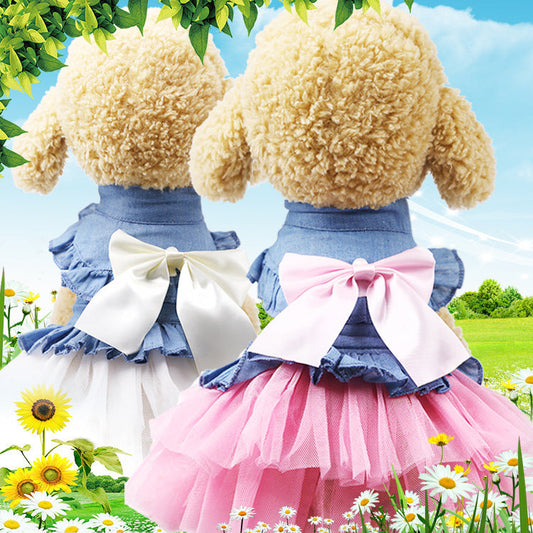 HKM-4450493 Korean Denim Skirt for Pets with Bow Detail - Stylish Spring & Summer Apparel