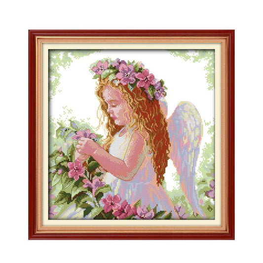 HKM-450323 Cute Angel Cross Stitch Embroidery Kit with High-Quality Cotton Thread and Needle, 45x45 cm Canvas