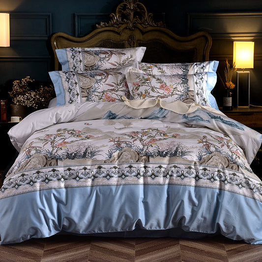 HKM-450963 Elegant Cotton Satin Plant Print Duvet Cover Set with Pillowcases - Available for Various Bed Sizes