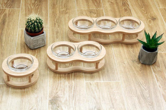 HKM-4561725 Wooden Cat Bowls with Glass Bowls in Various Sizes: Single, Double, and Triple Options