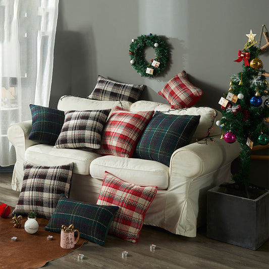 HKM-457235 Plaid Wool Pillowcase for Festive Home Decor in Red, Green, and Black - Available in Multiple Sizes