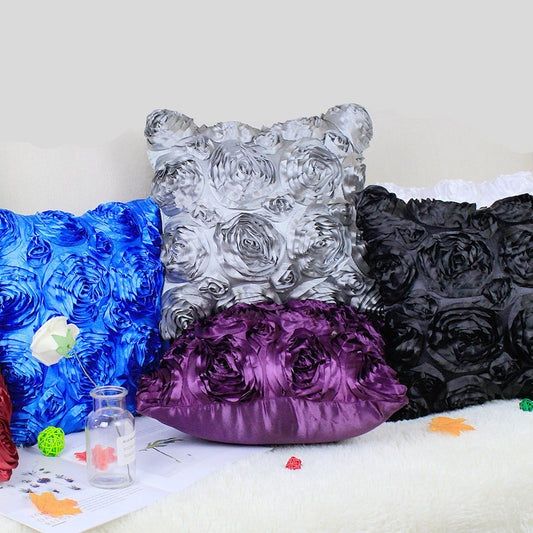 HKM-467923 Satin Rose Embroidery Decorative Cushion Cover - Solid Color Pillowcase 42x42CM