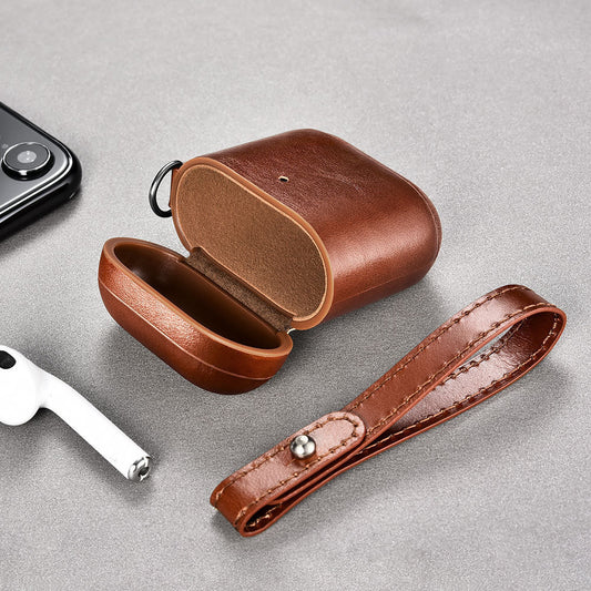 HKM-470291 Genuine Leather AirPods Vintage Earphone Case - Universal Fit for AirPods 1/2 with Cord Punch Design