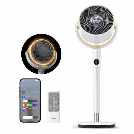 HKM-4705619 120° Omni-Directional Oscillating Pedestal Fan with Remote, 9 Speeds, 6 Modes, 20dB Noise Level, 8-Hour Timer, RGB Light
