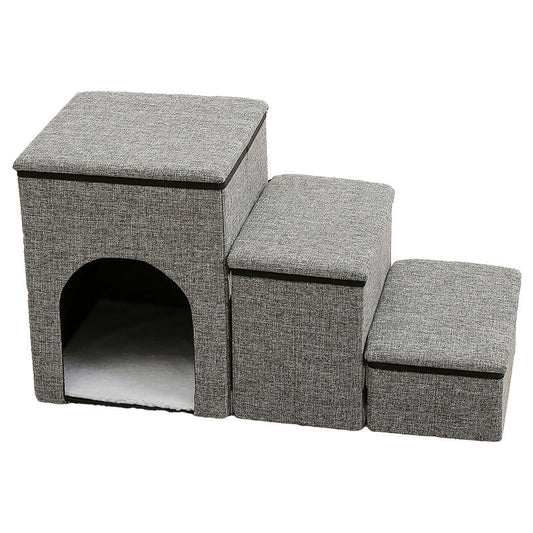 HKM-4711357 Foldable Pet Ladder for Dogs and Cats, 72x33x41cm, Available in Gray, Navy Blue, and Khaki