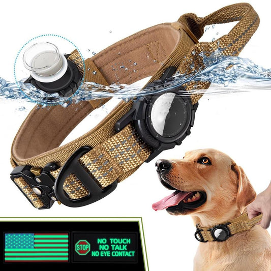 HKM-478355 Waterproof Dog Collar with Airtag Protective Cover - Durable Nylon & Flannel, Available in Black & Camel, for All Seasons