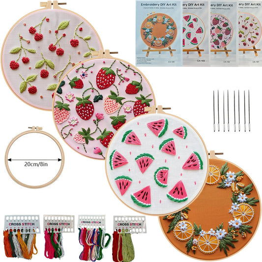 HKM-479955 Embroidered Fabric Craft Set with Imitation Bamboo Frames – Cherry, Strawberry, Watermelon, Orange