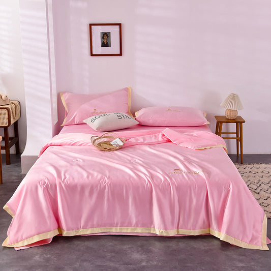 HKM-483411 Washed Silk Summer Quilt Set with Solid Color Embroidery – Fitted Sheet & Pillow Cases, Modern Style