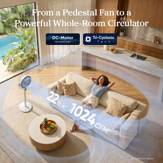 HKM-4836691 Quiet Pedestal Fan, 20dB, 1024 CFM Airflow, 90° Oscillation, 5 Speeds, 12H Timer, Remote Control, White