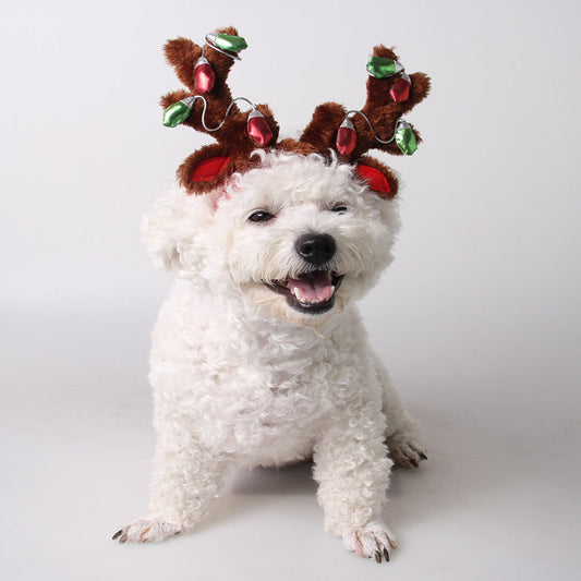 HKM-4852285 Christmas Reindeer Dog Hat with Adjustable Elastic Band and Floral Decor for Small and Large Dogs