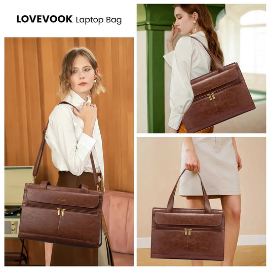 HKM-487571 Vintage Leather 15.6 in Computer Bag Briefcase for Women Laptop and Work Tote with Clutch Purse