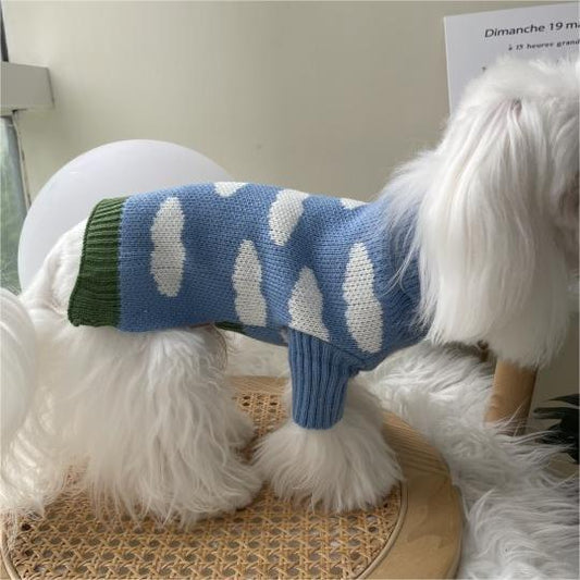 HKM-4896957 Jacquard Knitted Sweater for Dogs - Sky Blue with Cloud Design