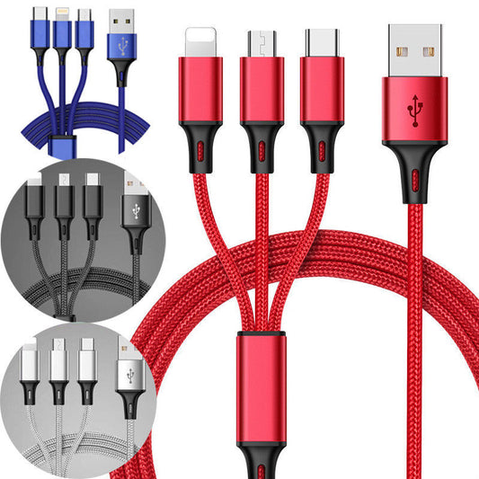 HKM-491859 3-in-1 Braided Universal USB Charger Cable for Apple, Android, and Type-C Devices, 1.25m Length, Durable Aluminum Alloy and Nylon, Available in Red, Blue, Silver, Black