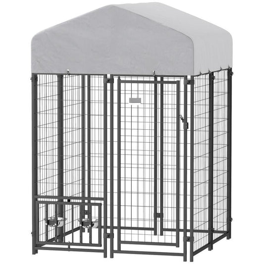 HKM-498387 Outdoor Welded Wire Dog Kennel with Rotating Bowl Holder and Adjustable Heights, Waterproof Cover, 3.9 x 3.9 x 6 ft