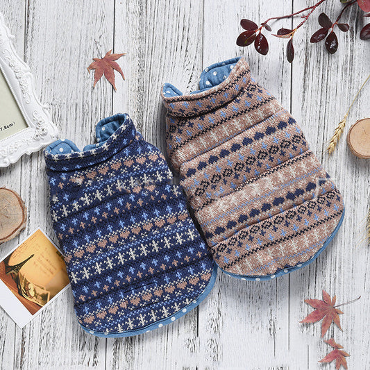 HKM-5009341 Double-Sided Casual Polka-Dot Knitted Denim Vest for Dogs - Blue & Brown, Sizes XS-7L