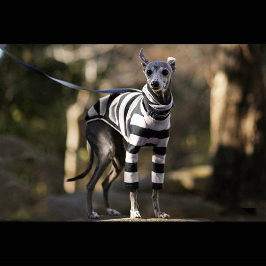 HKM-5022653 Comfortable Fleece High Necked Striped Two-Legged Dog Clothing in Black, Purple, Dark Blue, Camel