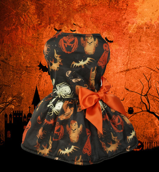 HKM-5048893 Pumpkin Print Mesh Dress for Small Dogs and Cats - Black Costume for Chihuahua, Yorkie, and Pets