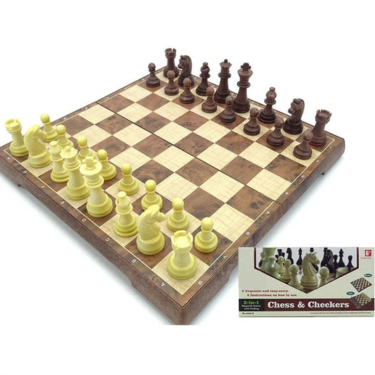 HKM-506771 Foldable 2-in-1 Chess and Checkers Set for Kids - Wooden Travel Game Board with Colorful Box