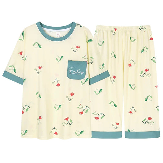 HKM-509971 High Quality Super Soft Cute Printing Short Sleeve Cropped Trousers Pyjamas Women Sleepwear