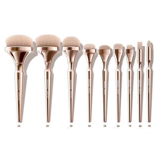 HKM-510803 9-Piece Gold Brush Set for Makeup Artists - Suitable for All Skin Types, Long Handle, Nylon/Plastic