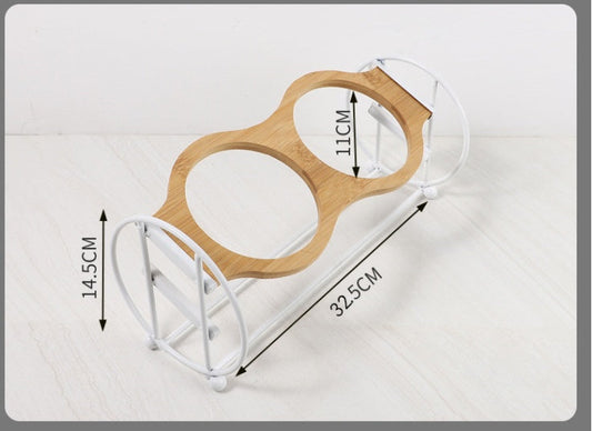 HKM-5134269 Bamboo and Wood Pet Bowl Stand with Double Ceramic Bowls for Cats and Small Dogs