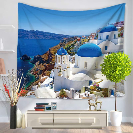 HKM-515731 Guia Village and Aegean Sea Summer Tapestry - Polyester Fiber, Machine Woven