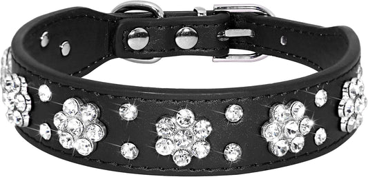 HKM-5168317 Rhinestone Flower Pattern PU Leather Dog Collar for Small and Medium Pets