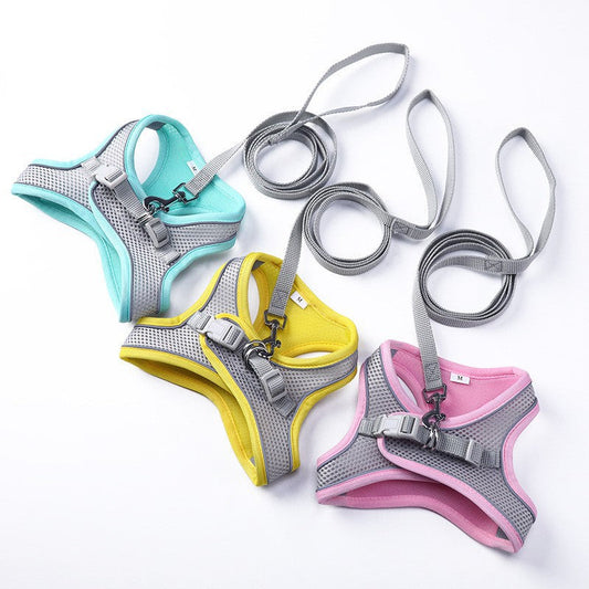 HKM-5264445 Reflective Outdoor Pet Harness with Traction Rope - Available in Lemon Yellow, Mint Green, and Cherry Blossom Powder