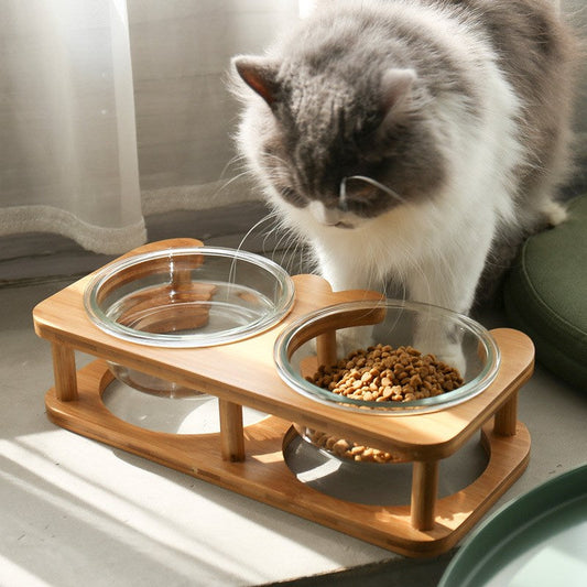HKM-5282621 Elegant Glass Cat Bowls - Single & Double Designs Available, Various Sizes