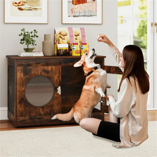 HKM-5301565 2-in-1 Rustic Brown Dog Crate End Table with 88lbs Capacity, Farmhouse Style, 32.5"x18.5"x23.5"