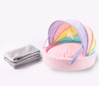HKM-5361725 Washable Pet Sleeping Bed with Soft Blanket and Colorful Nest for Cats and Dogs - Medium Size