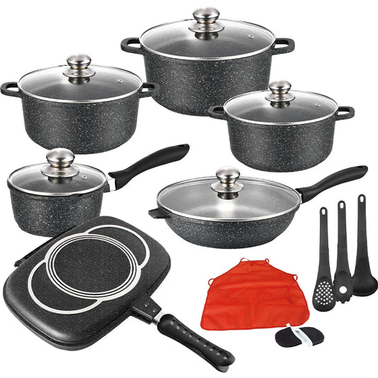 HKM-538451 18-Piece Aluminium Cookware Set with Marble Coating and Kitchen Accessories