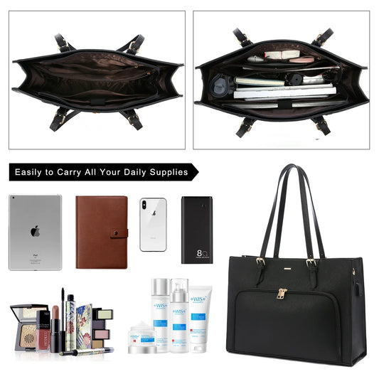 HKM-541587 15.6 in Leather Work Tote Bag with USB Port for Business, School, and Travel - Laptop Briefcase for Women