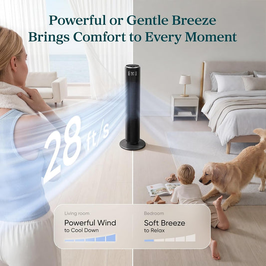 HKM-5426515 36 Inch Tower Fan with 28ft/s Airflow, 90° Oscillation, 12-Hour Timer, Remote Control, 5 Speeds, 4 Modes, Quiet Operation
