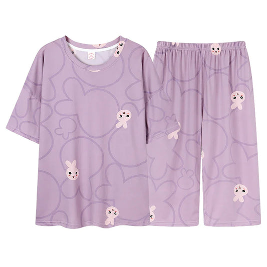 HKM-542739 Short Sleeve Seven-point Pants Women's Sleepwear Summer Pajamas for Women Set Lovely Style Casual Night Wear