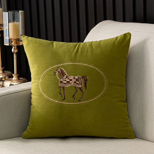 HKM-543571 Hand-Embroidered Horse Pattern Cushion Cover in Various Chenille Colors - 45x45cm