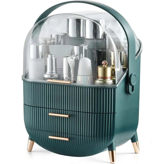 HKM-548691 360° Rotating Makeup Organizer with Lid and 2 Drawers – Space-Saving Skincare Storage Solution