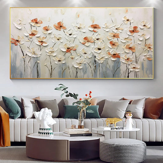 HKM-550035 Hand-Painted Abstract Little White Flower Canvas Oil Painting for Modern Home Decor