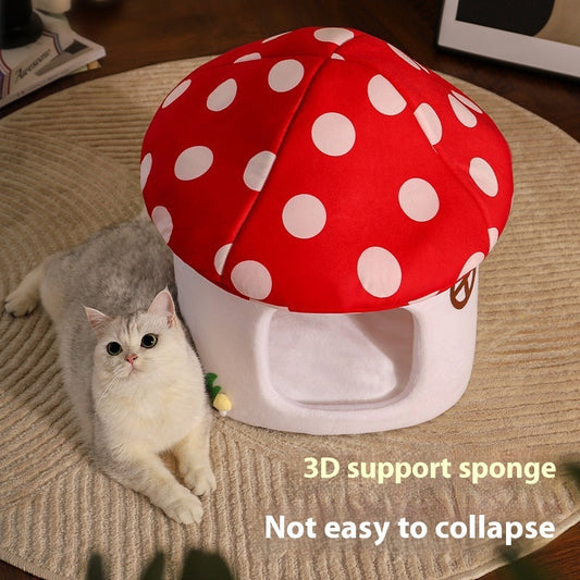 HKM-5515837 Mushroom-Shaped Semi-Enclosed Cat Bed in Red - Cozy Cloth Cat Nest