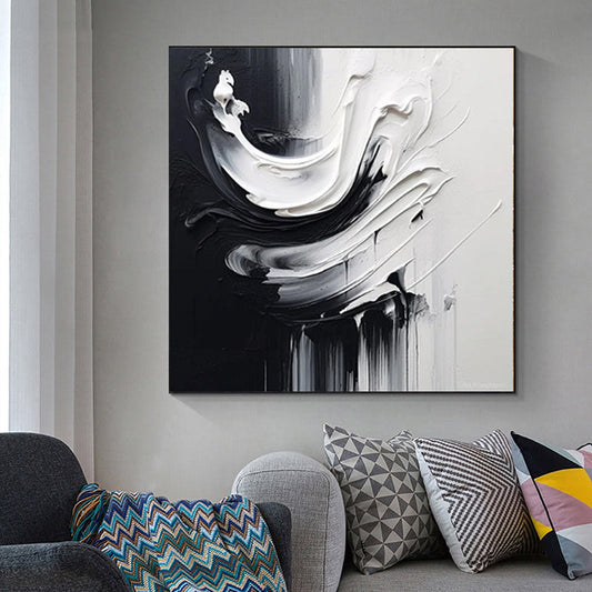 HKM-554643 Handmade Black and White Abstract Oil Painting on Canvas for Modern Home Decor - Unstretched and Frameless