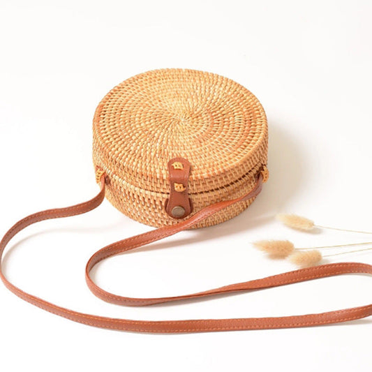 HKM-557075 Diagonal One-Shoulder Round Woven Bag with Canvas Lining and Soft Handle