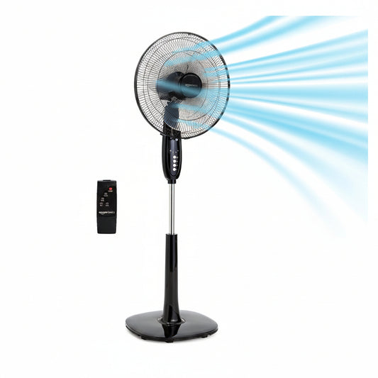 HKM-5590355 16-Inch Pedestal Fan with Remote Control, Adjustable Height, 3 Speeds, 3 Modes, Timer, Tilt Head, 60W, Black