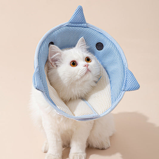 HKM-5596093 Soft Nonwoven Fabric Cat Recovery Collar - Shark Shape, Protective Adjustable Cone for Wound Healing and Comfort