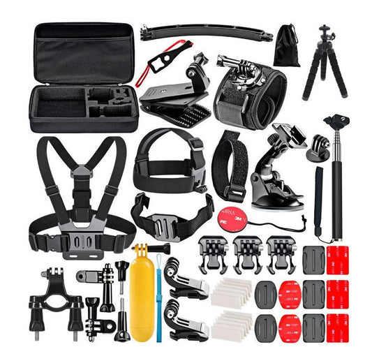 HKM-563987 Universal Action Camera Accessory Kit with Suction Cup, Mounts, Grips, and Carry Case