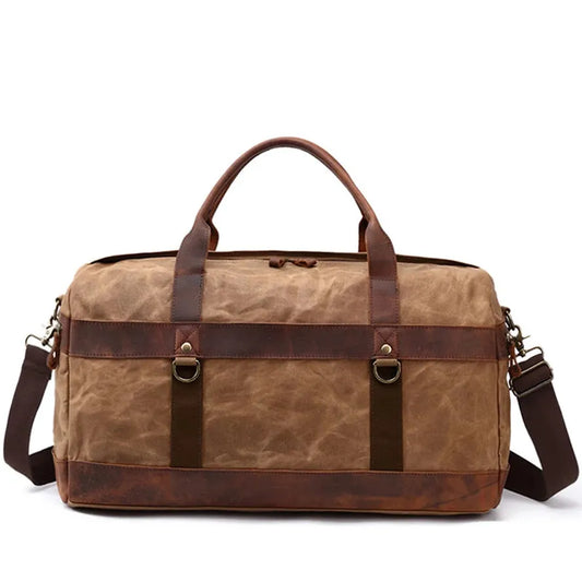 HKM-565971 Waterproof Waxed Canvas Duffel Bag with Full Grain Leather Accents – Large Capacity Travel and Sports Bag