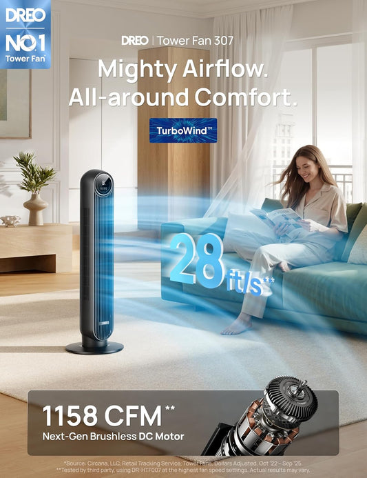 HKM-5688659 Tower Fan, 28ft/s High Velocity, 20dB Ultra Quiet, 8 Speeds, 4 Modes, 90° Oscillation, Bladeless, Remote Control, Black