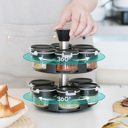 HKM-571219 Adjustable Stainless Steel Rotating Spice Rack with Glass Salt and Pepper Shaker for Cabinet Storage