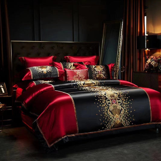 HKM-574291 Silk Cotton Embroidery Four-Piece Bedding Set with Duvet Cover and Pillowcases
