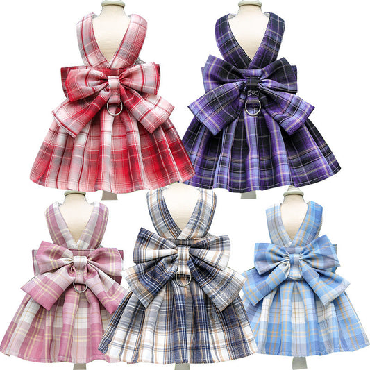 HKM-5777213 Pet Plaid Skirt with Chest Strap and Leash in Various Colors