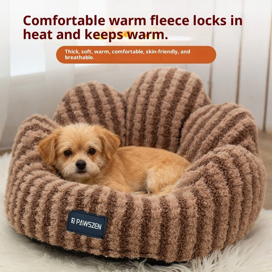 HKM-5787709 Thickened Warm Cat Nest in Light Blue and Brown Striped Flower Design, Multiple Sizes Available